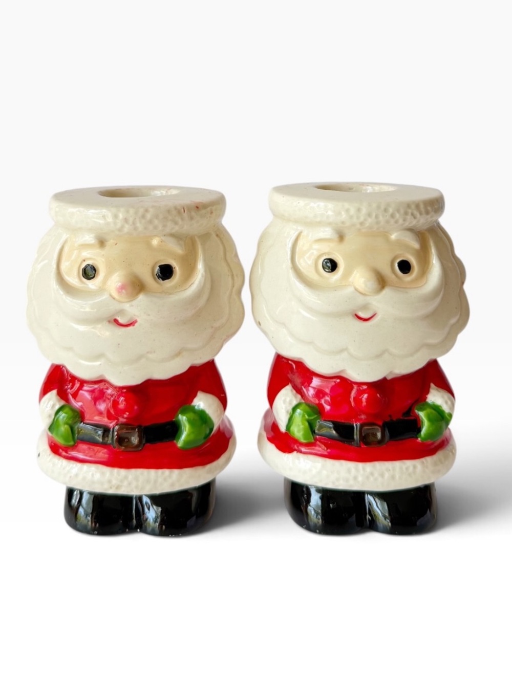 Vintage Pair Set of Christmas Santa Claus Taper Candle Holders Japan Porcelain